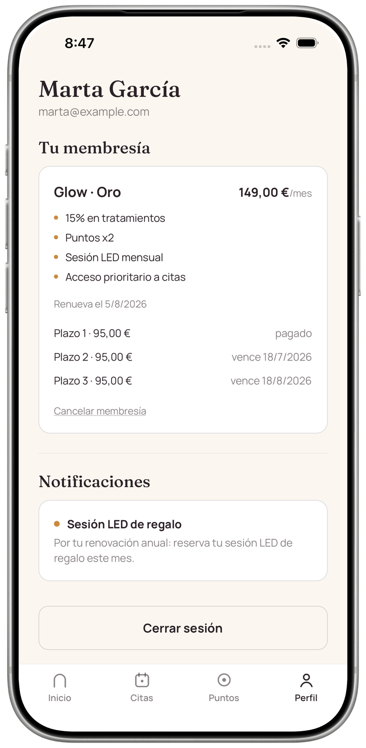 Pantalla de membresía y perfil